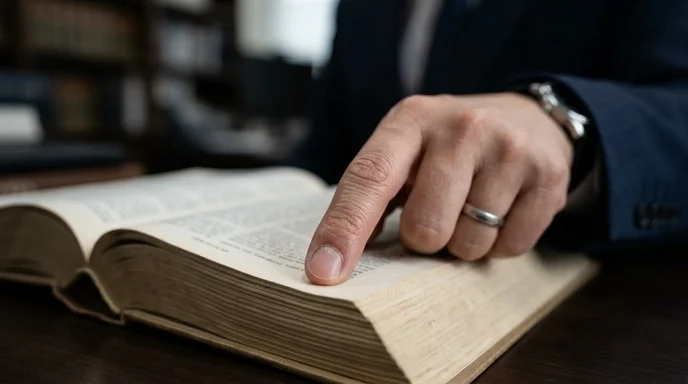 A Korean lawyer's index finger resting on the open pages of a thick law book under crisp overhead spot light.