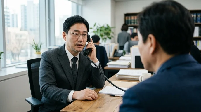 A Korean lawyer in a gray suit holding a black telephone receiver while sitting across from a client.