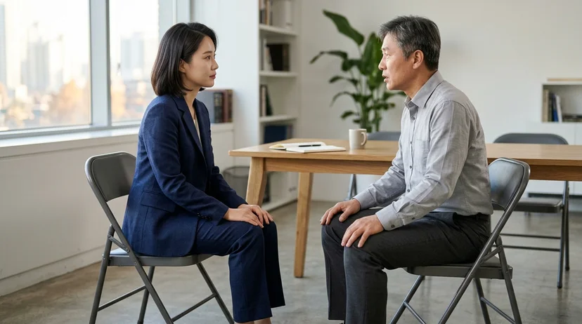 A Korean lawyer and a male client sitting face-to-face on folding chairs with their hands on their knees under bright.