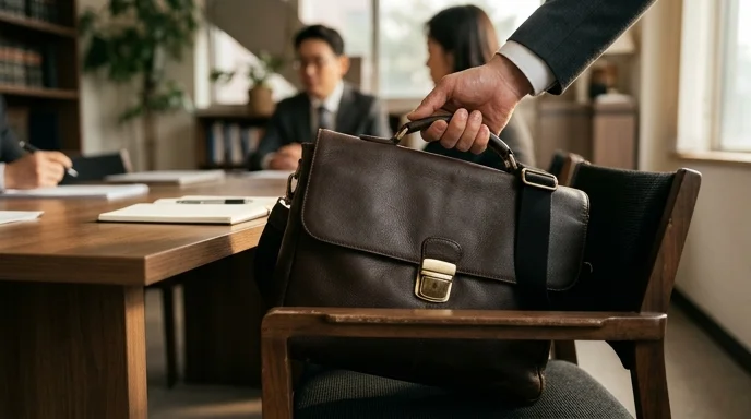 A Korean lawyer's hand placing a leather briefcase on a chair next to a consultation table.