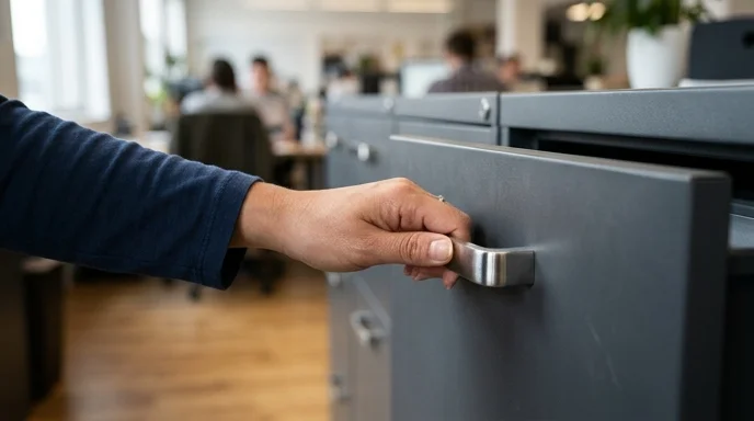 A Korean person's hand pulling the metal handle of a dark gray file cabinet drawer.