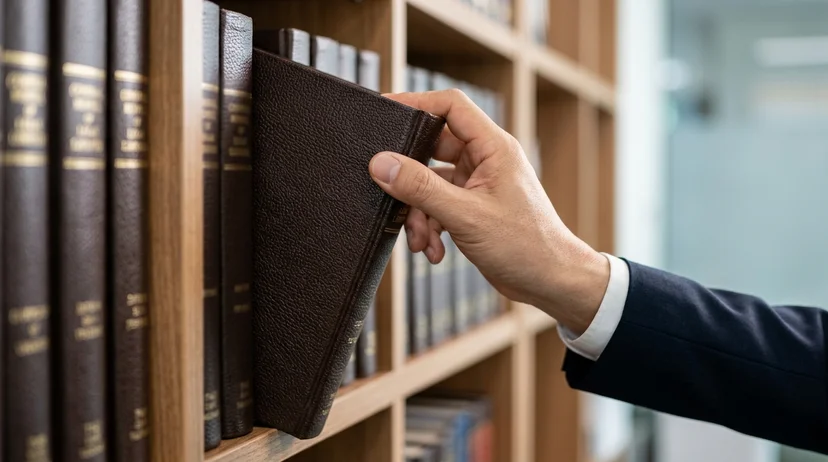 A Korean lawyer's hand pulling out a copyright law book from a shelf lined with legal books.