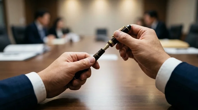 Close-up of a Korean attorney's hands opening a fountain pen over a meeting table.