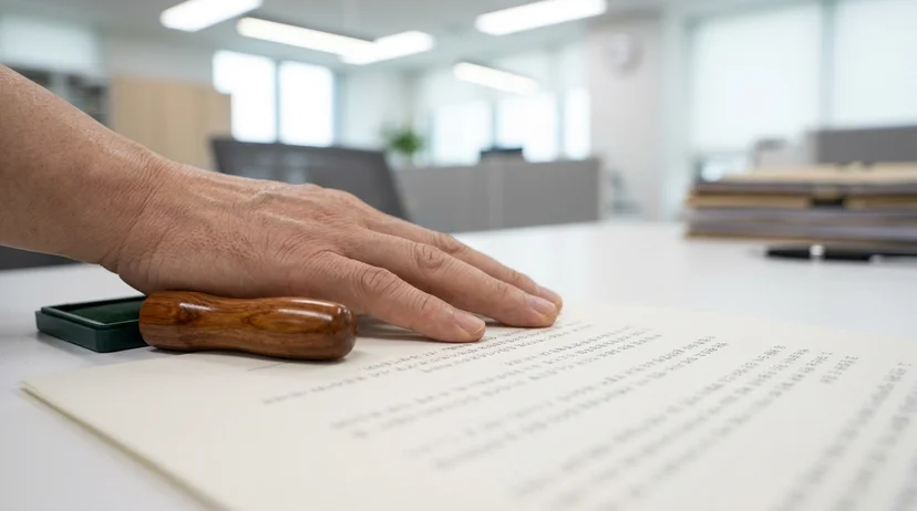 A Korean lawyer's hand resting on a document next to a personal seal and ink pad.