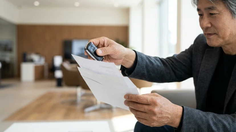 Hands of a Korean man in his fifties holding a car key and checking a document from an envelope near a window.