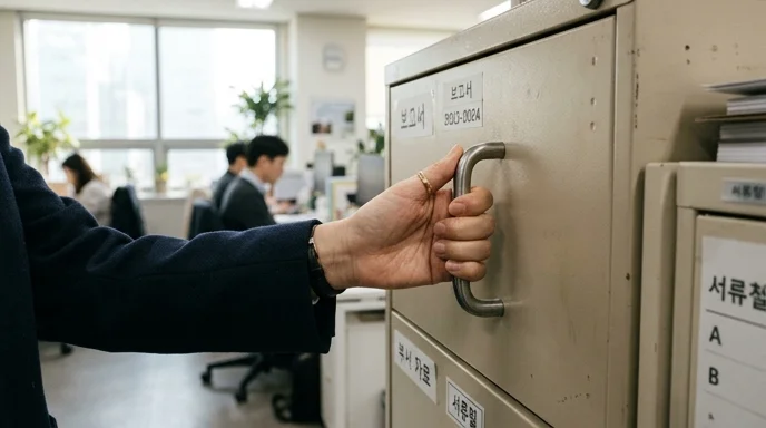 A Korean professional's hand pulling the metal handle of a file cabinet.