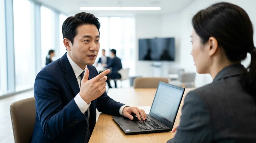 A Korean lawyer and client sitting together with a laptop in a bright conference room.