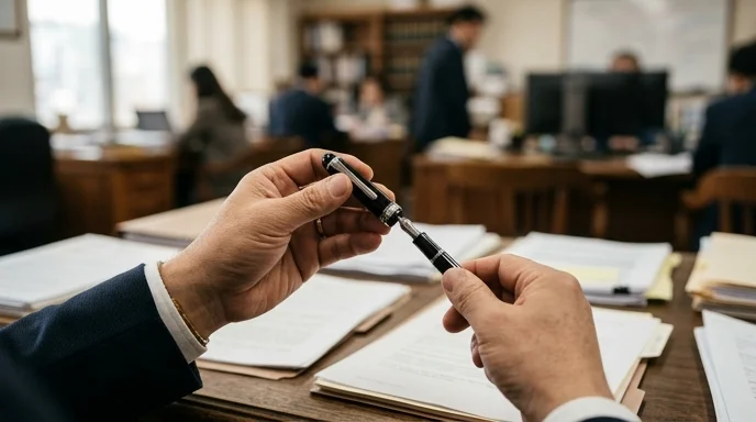 A Korean lawyer's hand opening the cap of a fountain pen over a desk in a well-lit office.