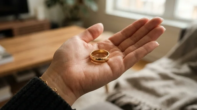 A Korean woman's hand holding a smooth gold wedding band on her open palm.