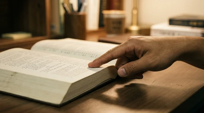 A Korean person's hand pointing at an open law book on a wooden desk.