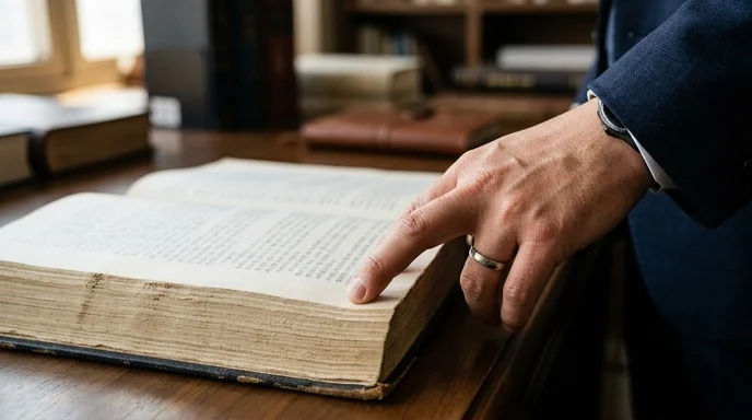 Close-up of a Korean lawyer's hand resting an index finger on the edge of an open law book on a desk.