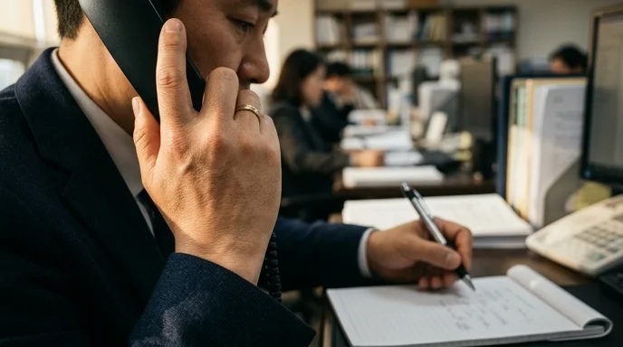 A Korean lawyer holding a telephone receiver in one hand and writing on a notepad with the other.