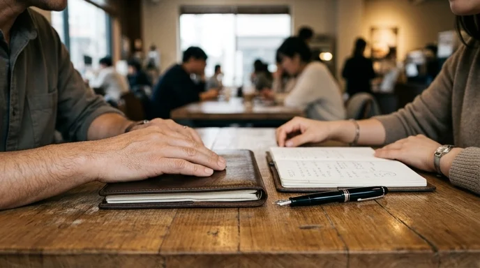 Two Korean people sitting across from each other with a notebook and fountain pen on the desk.