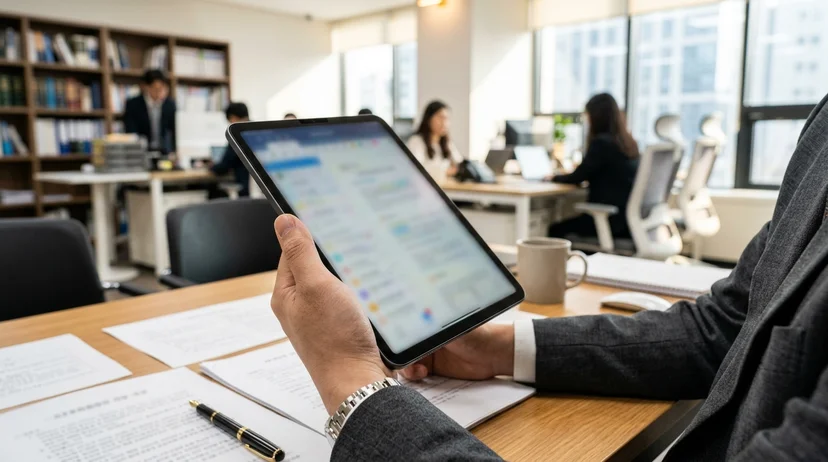 A Korean lawyer's hand holding a tablet in a bright office.
