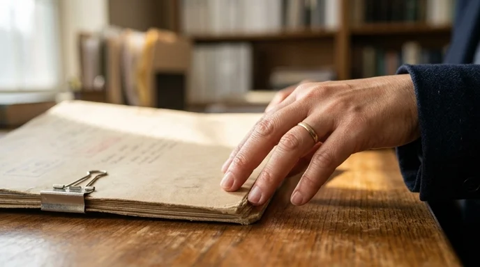 A Korean lawyer's fingertips touching the label of a thick case file folder on a desk.