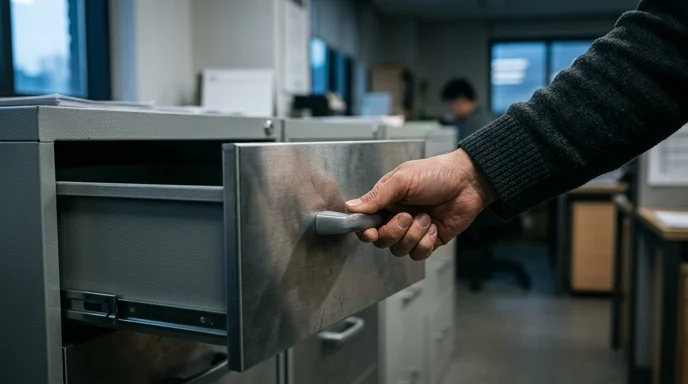 A Korean man's hand pulling the metallic handle of a file cabinet drawer under cool indoor lighting.