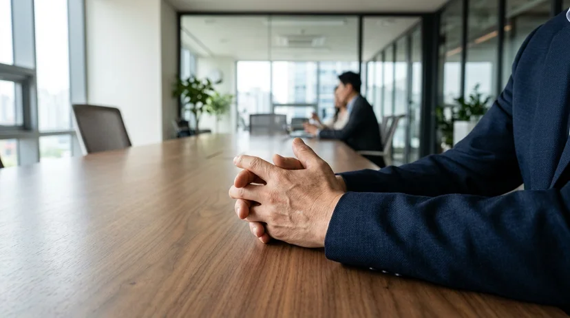 A Korean male client in his fifties seated at the corner of a meeting table with hands clasped together.