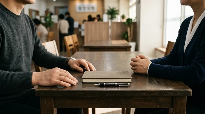 Two Korean people sitting across a consultation table with a closed notebook and a fountain pen.