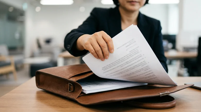 The bare hand of a Korean lawyer pulling a document out of a leather briefcase.
