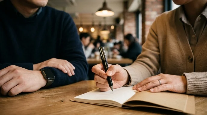 Two Korean colleagues sitting across from each other, with one holding a fountain pen over a notebook.