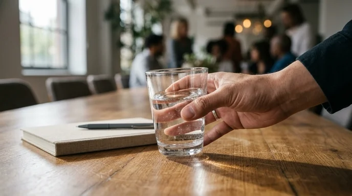 A Korean person's hand placing a glass of water on a wooden table next to a notebook.