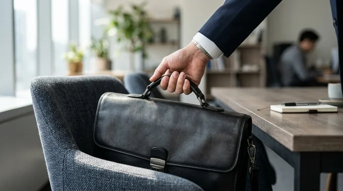 A Korean professional's hand placing a black leather briefcase on a fabric chair.