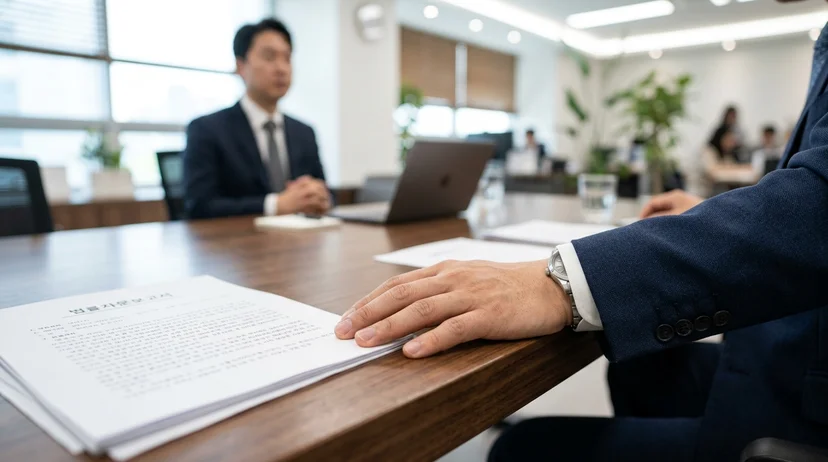 A Korean lawyer's hand resting on the edge of a consultation table next to a blurred printed document.