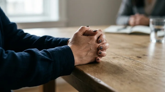 A Korean person sitting at a table with hands nervously clasped on the edge, face cropped out, soft lighting.