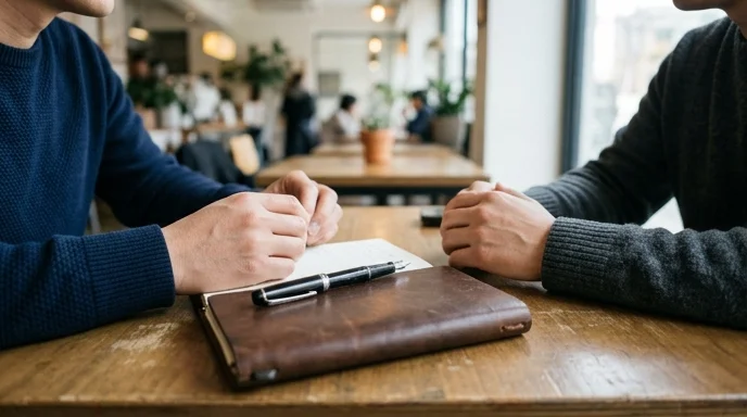 Two Korean people sitting across from each other with a notebook and a fountain pen on the table.