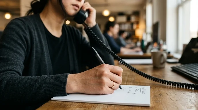 A Korean person holding a telephone receiver between shoulder and ear while writing on a pad.