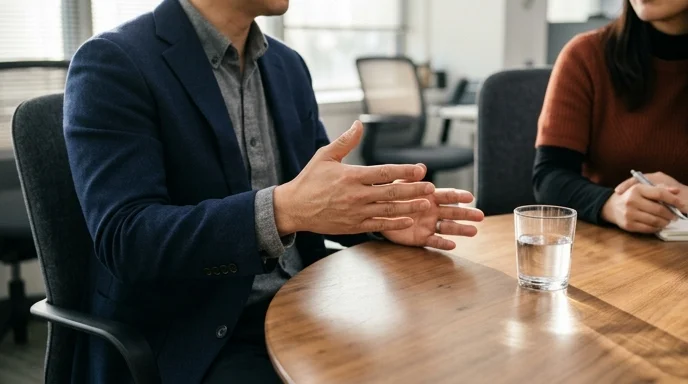 Two Korean individuals sitting at a round wooden consultation table, with one person gesturing gently.