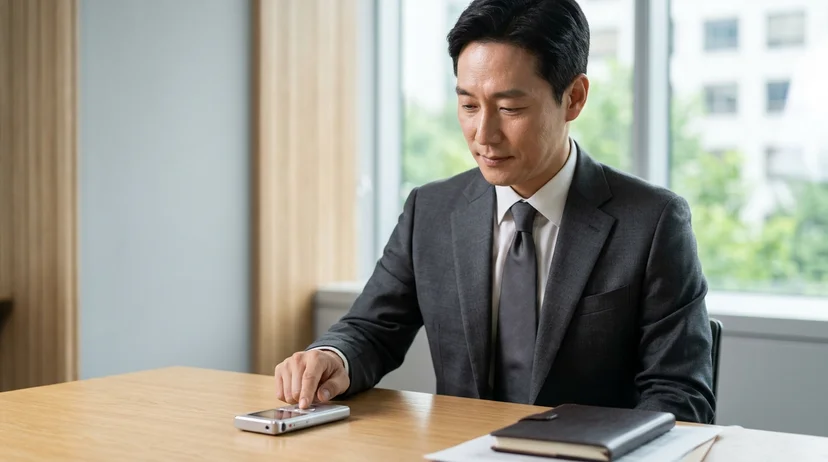 A Korean lawyer pressing the record button on a brushed metal voice recorder on a table by a bright window.