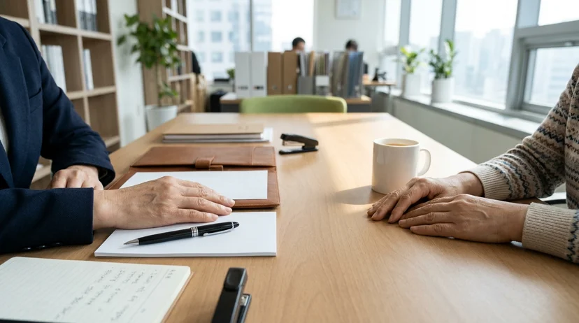 A Korean lawyer and a female client in her fifties sitting across from each other at a consultation table.