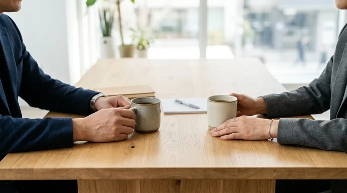 Two Korean people sitting across a consultation table with two plain ceramic mugs placed between them in bright daylight.