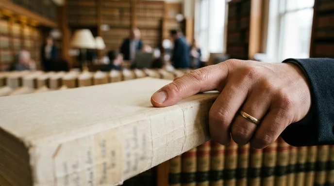 A Korean lawyer's hand resting an index finger on the spine of a paper case file folder.