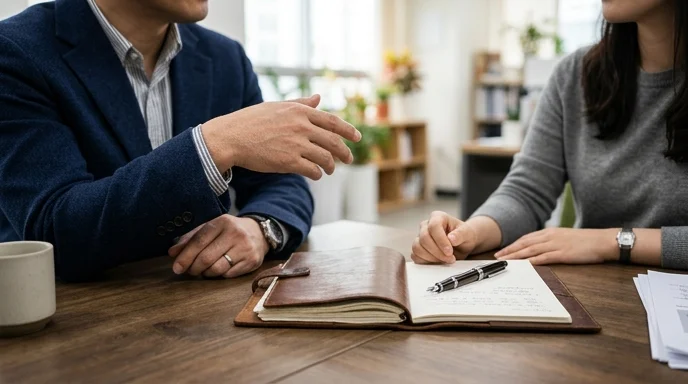 Two Korean people discussing across a desk, heads cropped out, a notebook and fountain pen resting on the surface.