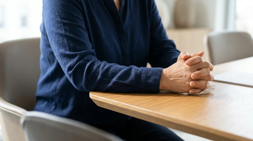 A Korean female client's clasped hands resting on the edge of a wooden consulting table.