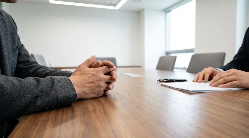 A Korean man in his fifties communicating with a lawyer at a consultation table.