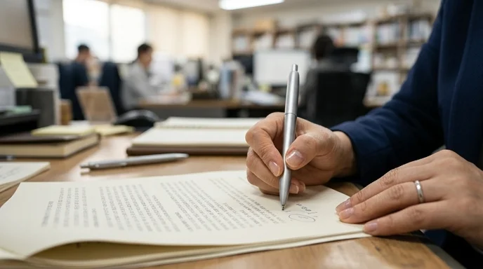 A Korean expert's hand turning a document page with a ballpoint pen in an office.