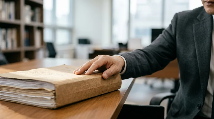 A Korean lawyer's hand touching the label area of a thick record folder on a wooden table.