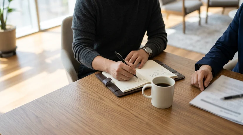 Two Korean people seated across a consultation table taking notes in a leather-bound notebook.