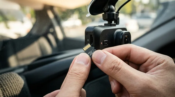 A Korean person's fingertips pulling a tiny memory card from a car video recording device under soft overhead light.