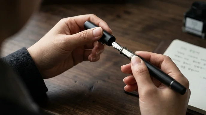 A Korean person's hands gently opening the cap of a sleek fountain pen over a dark wooden desk under crisp light.