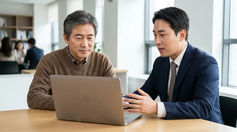 A Korean lawyer and a client in his fifties looking at a laptop together at a consultation table.