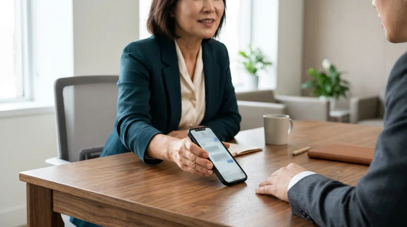 A Korean female client sliding a smartphone across a wooden consulting table.
