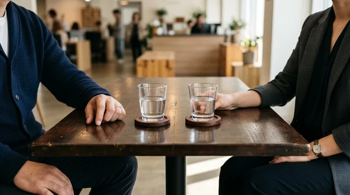 Two Korean people sitting across a dark wooden consultation table with clear glass tumblers in an office.
