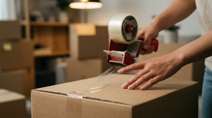 A Korean woman's hands applying clear packing tape to a cardboard moving box under warm indoor lighting.