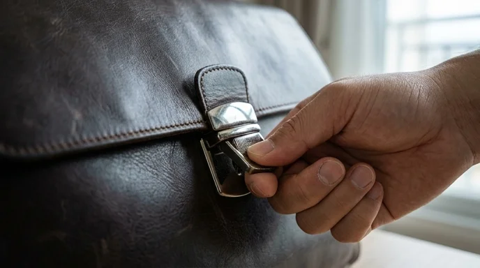 A Korean man's hand opening the polished metal clasp of a leather briefcase.