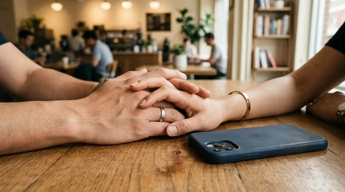 Two interlaced Korean hands resting on a table next to a face-down smartphone in a matte case.