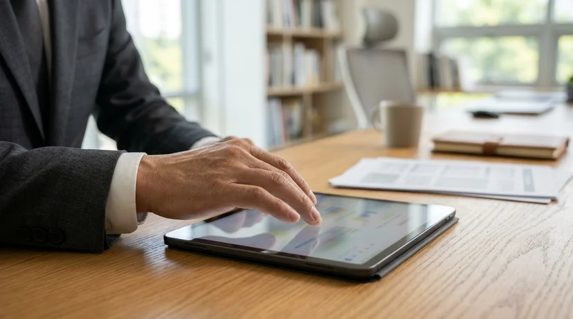 A Korean lawyer's hands swiping a blurred tablet screen on a wooden desk in a bright office.